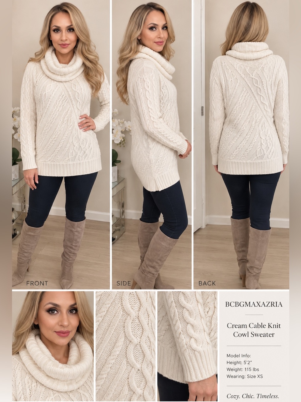 BCBGMaxAzria Cream Cable Knit Cowl Sweater
